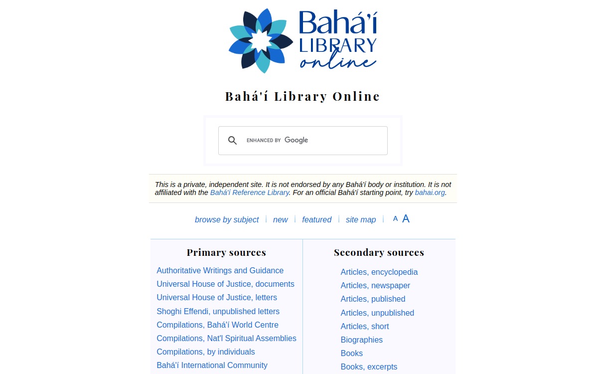 Screenshot of Baha’i Library Online